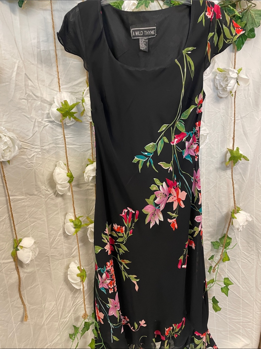 A Wild Thyme Black Maxi Dress with Pink Floral Cascade